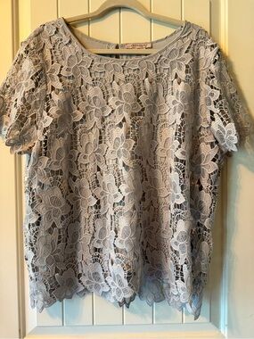 Philosophy Floral Lace Overlay Short Sleeve Top in Vapor Gray.